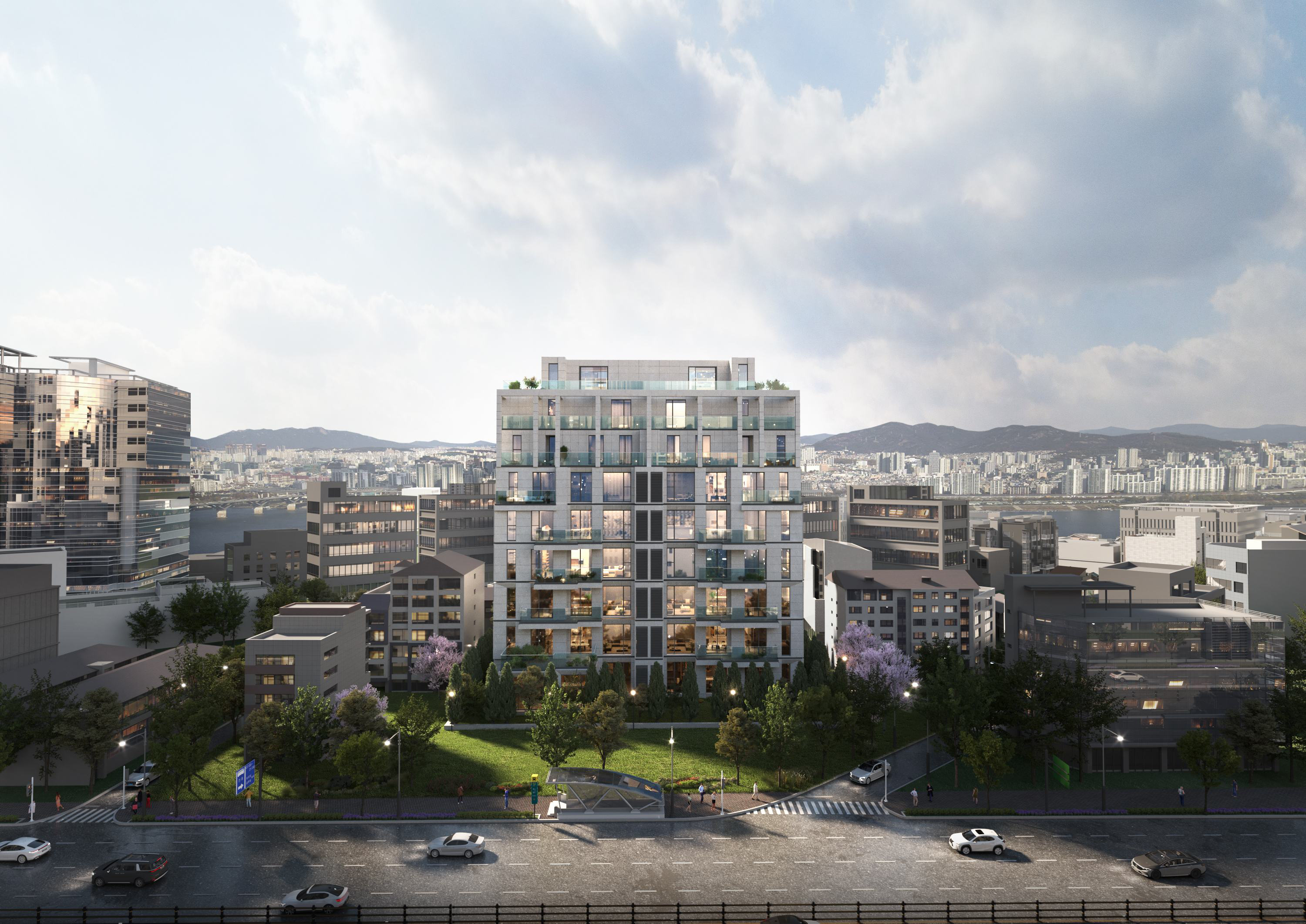 세레노 삼성 — 삼성동 도심과 한강을 배경으로 한 단지 전경